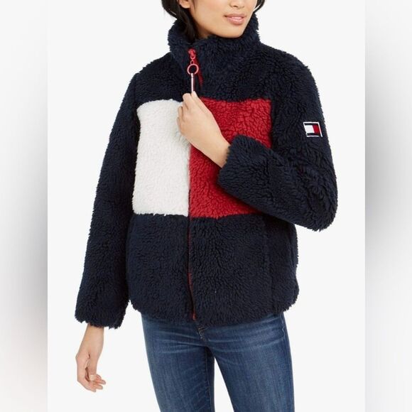 TOMMY HILFIGER Women's Sherpa Jacket Color block logo full-zip teddy bear XS EUC - Picture 1 of 16